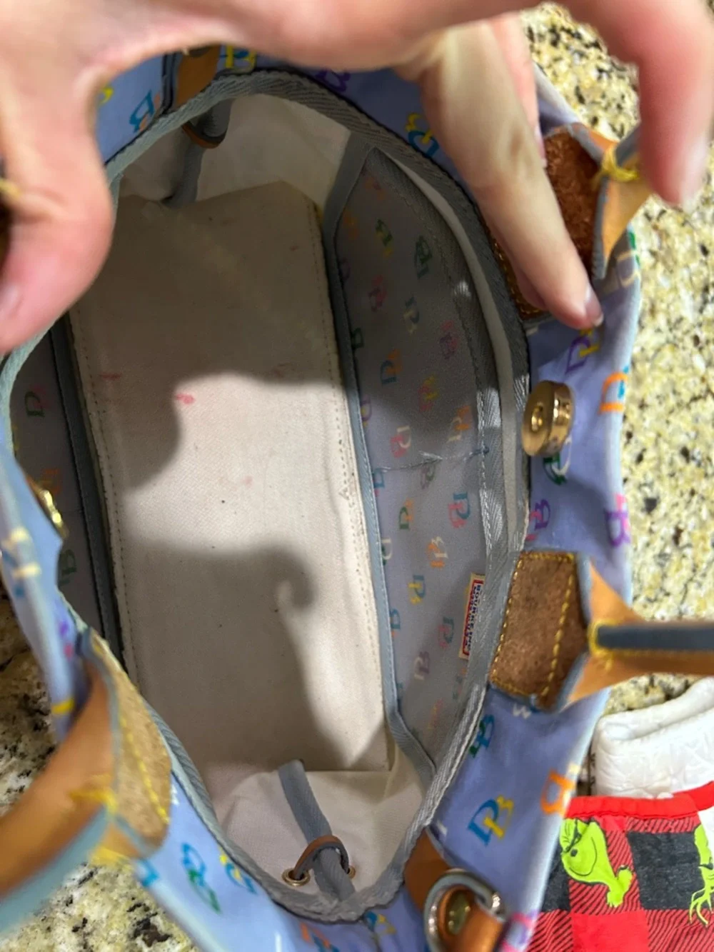 Dooney & Bourke Uncoated Light Blue Multicolor Logo Tote with Tan Handles